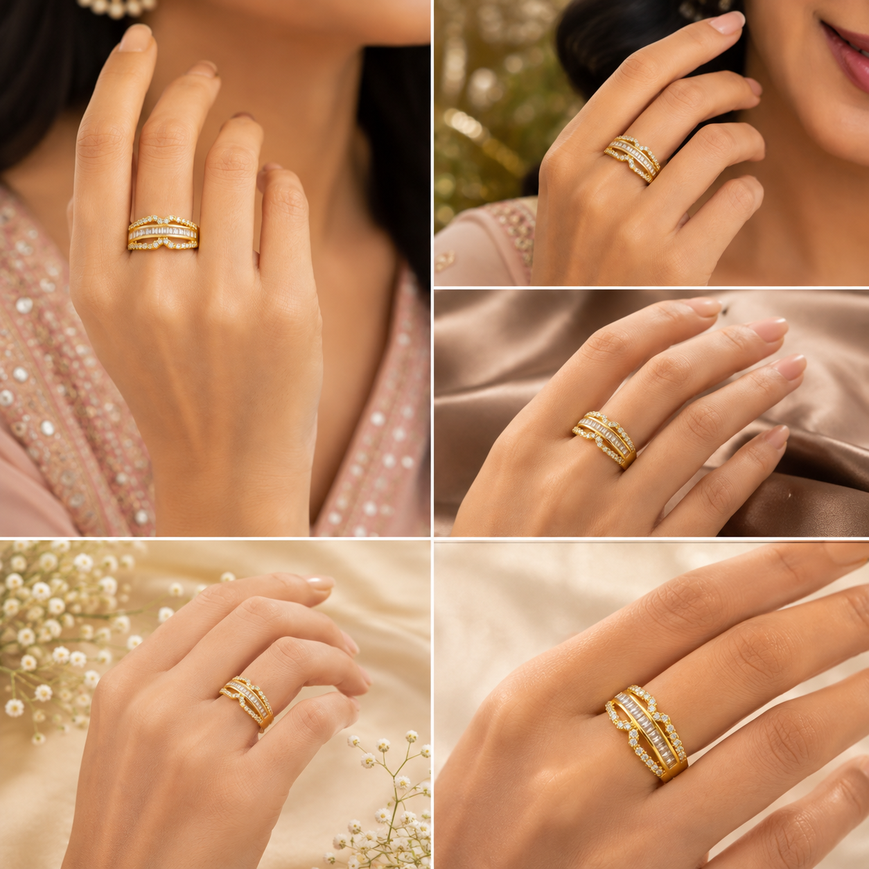A four-panel collage showing a gold ring with pavé-set clear stones worn on multiple hands in different styled settings. The ring has a multi-band layered design with small clear stones across the gold metal.