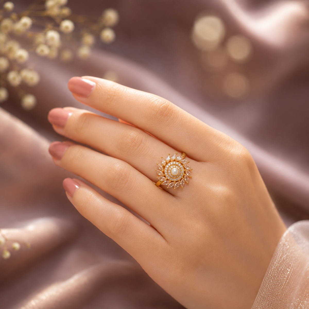 Pearl Sunflower Adjustable Ring