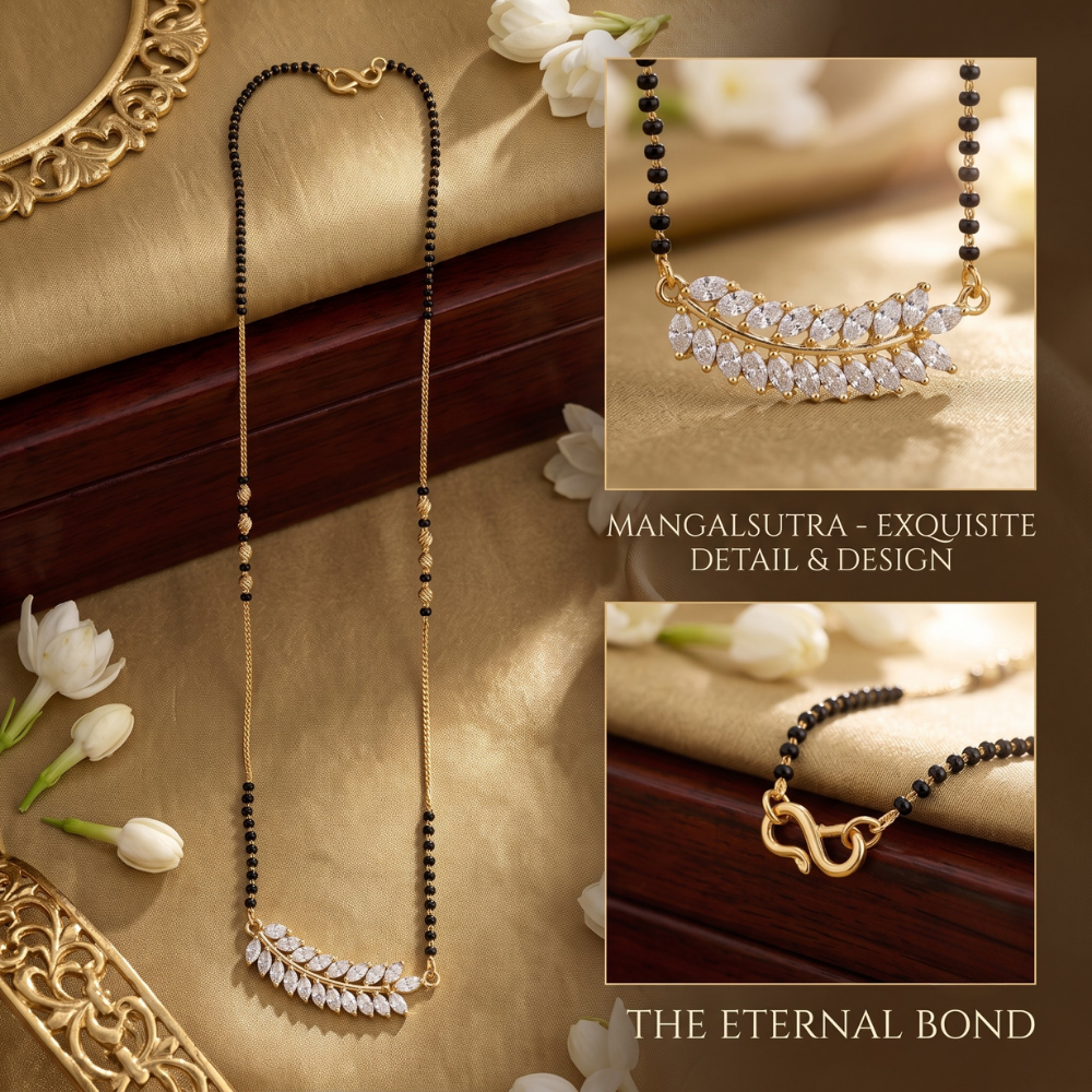A gold and black beaded mangalsutra necklace with a leaf-shaped crystal pendant, shown in a styled flat-lay collage with detail insets and text reading 'MANGALSUTRA - EXQUISITE DETAIL & DESIGN' and 'THE ETERNAL BOND'.