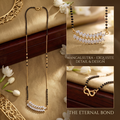 A gold and black beaded mangalsutra necklace with a leaf-shaped crystal pendant, shown in a styled flat-lay collage with detail insets and text reading 'MANGALSUTRA - EXQUISITE DETAIL & DESIGN' and 'THE ETERNAL BOND'.